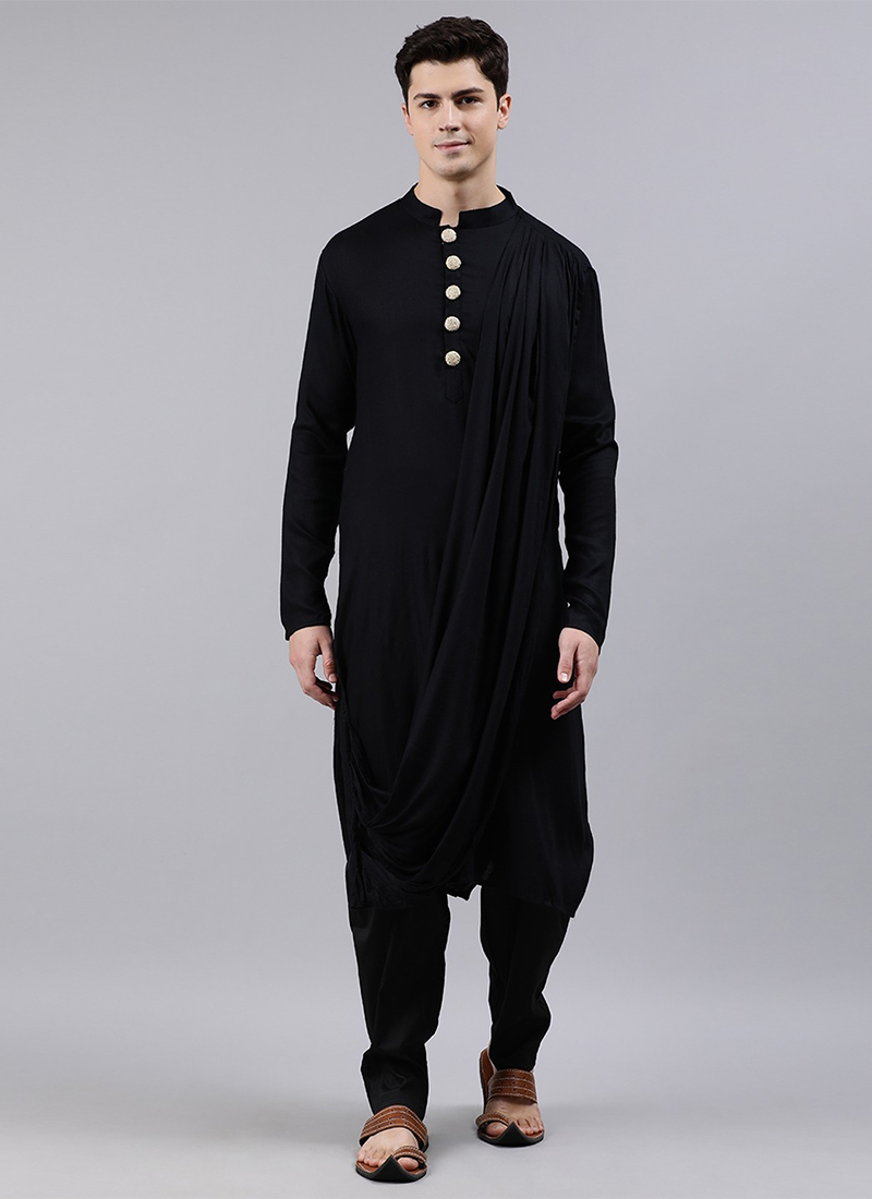 Black Rayon Cowl Kurta Aligarhi Pant Set Festive Wear