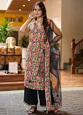 Black Rayon Digital Print Straight Pant Suit