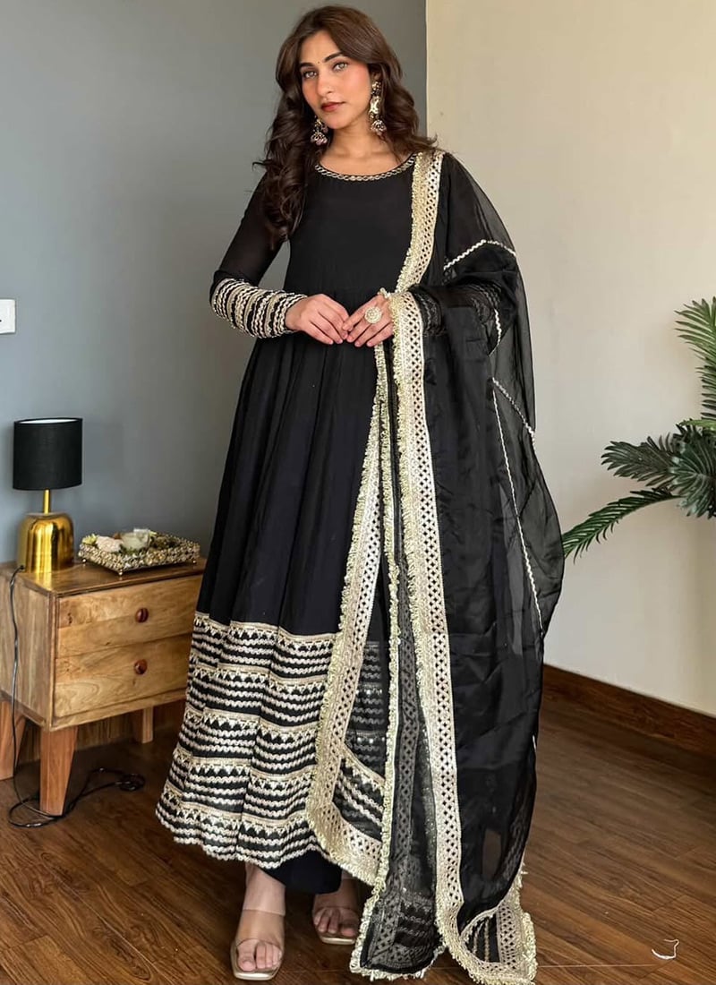 Black Rayon Embroidered Ankle Length Anarkali Suit After Six Wear
