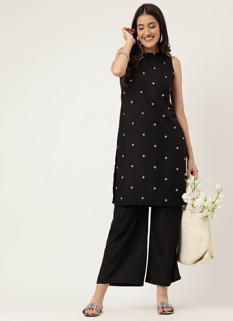 Black Rayon Embroidered Butti Kurta Palazzo Set