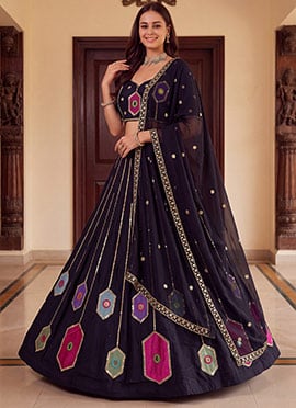 Black Rayon Embroidered Hand Mirror Work Lehenga