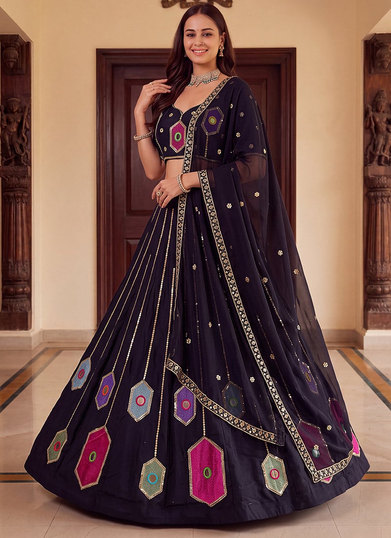 Black Rayon Embroidered Hand Mirror Work Lehenga Festive Wear