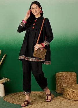 Black Rayon Embroidered Kurta Straight Pant Set