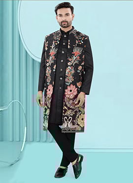 Black Rayon Embroidered Sequins Jacket Style Sherwani