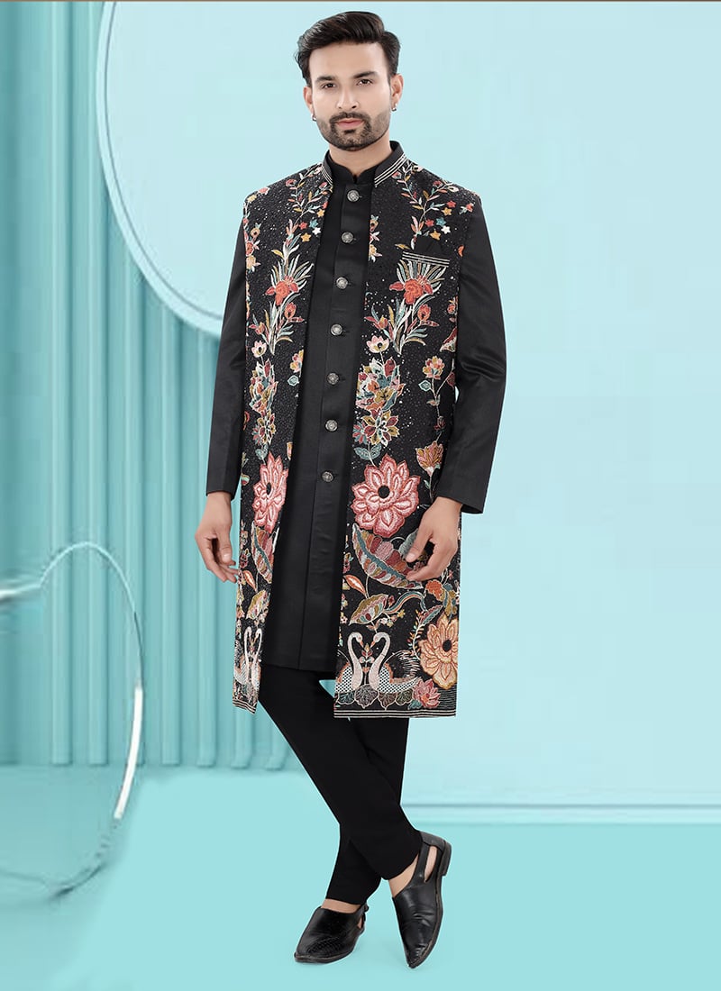 Black Rayon Embroidered Sequins Jacket Style Sherwani Wedding Wear