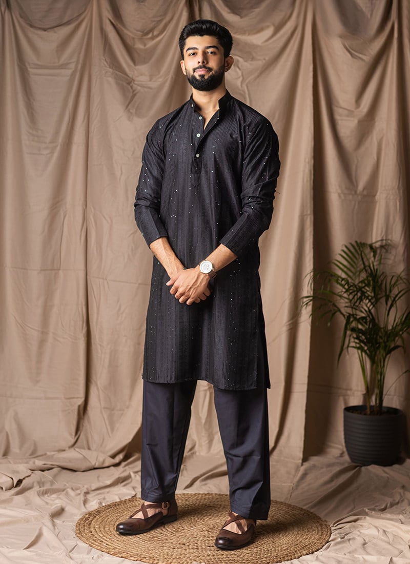 Black Rayon Embroidered Sequins Kurta Pyjama Festive Wear