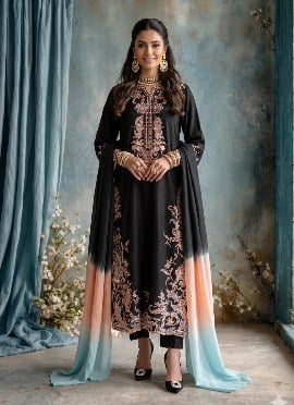 Black Rayon Embroidered Straight Pant Suit