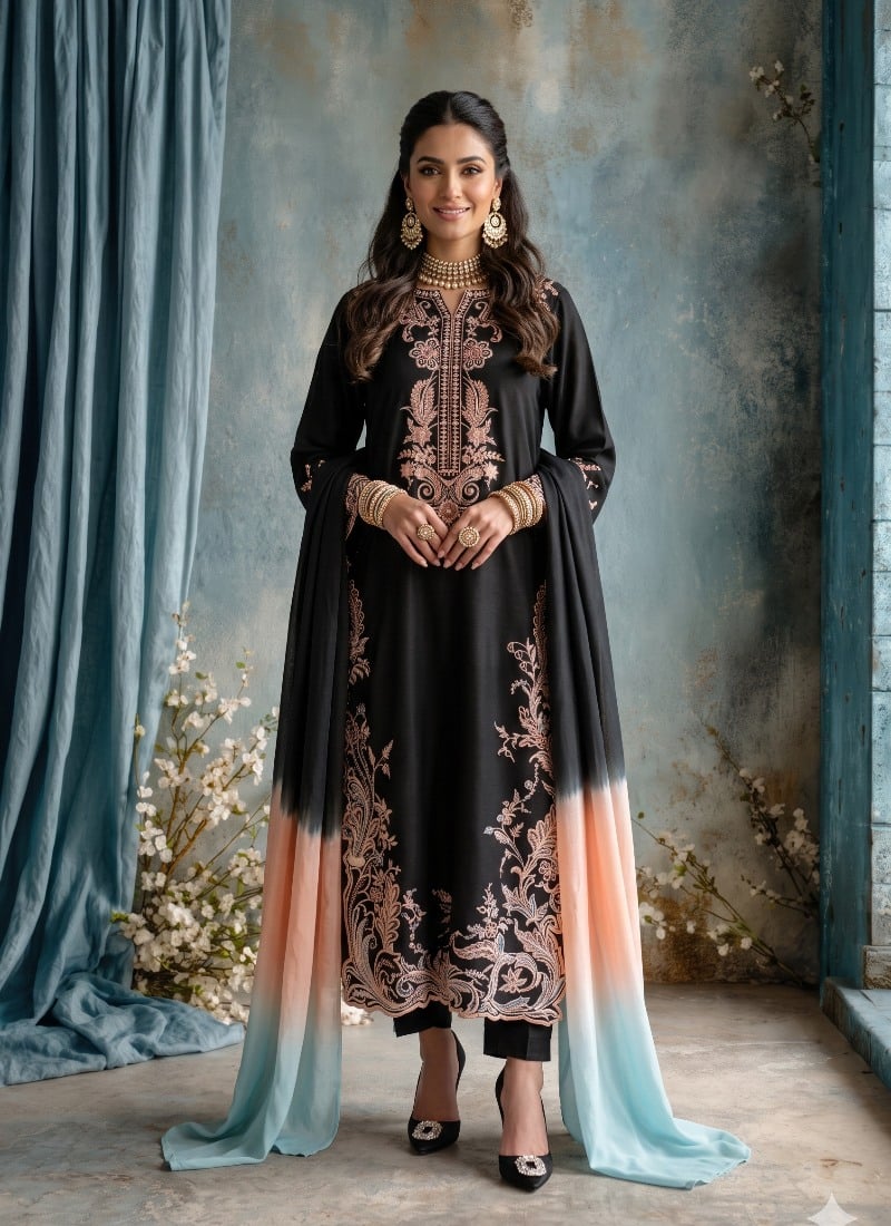Black Rayon Embroidered Straight Pant Suit After Six Wear