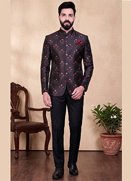 Black Rayon Floral Printed Jacquard Jodhpuri Suit For Men