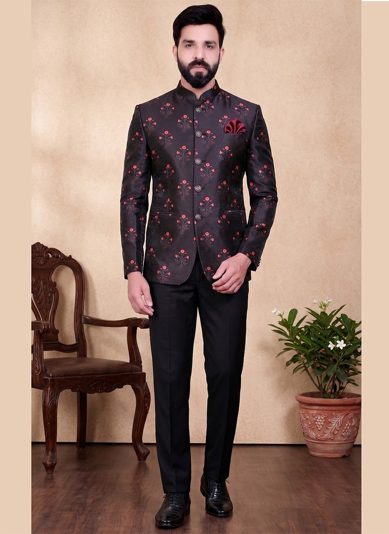 Black Rayon Floral Printed Jacquard Jodhpuri Suit For Men After Six Wear