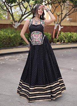 Black Rayon Gamthi Mirror Work Indo Western Navratri Skirt Set