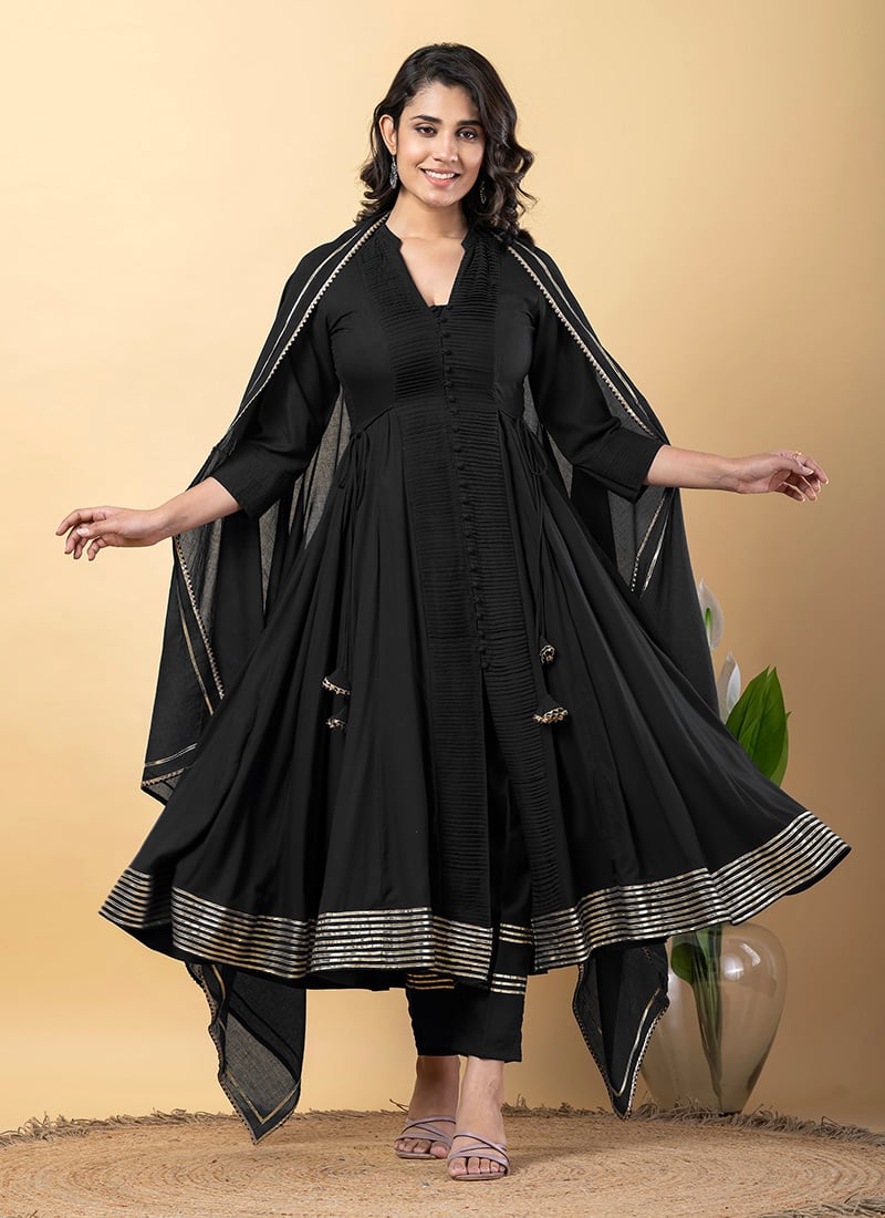 Black Rayon Gota Lace Work Anarkali Suit After Six Wear