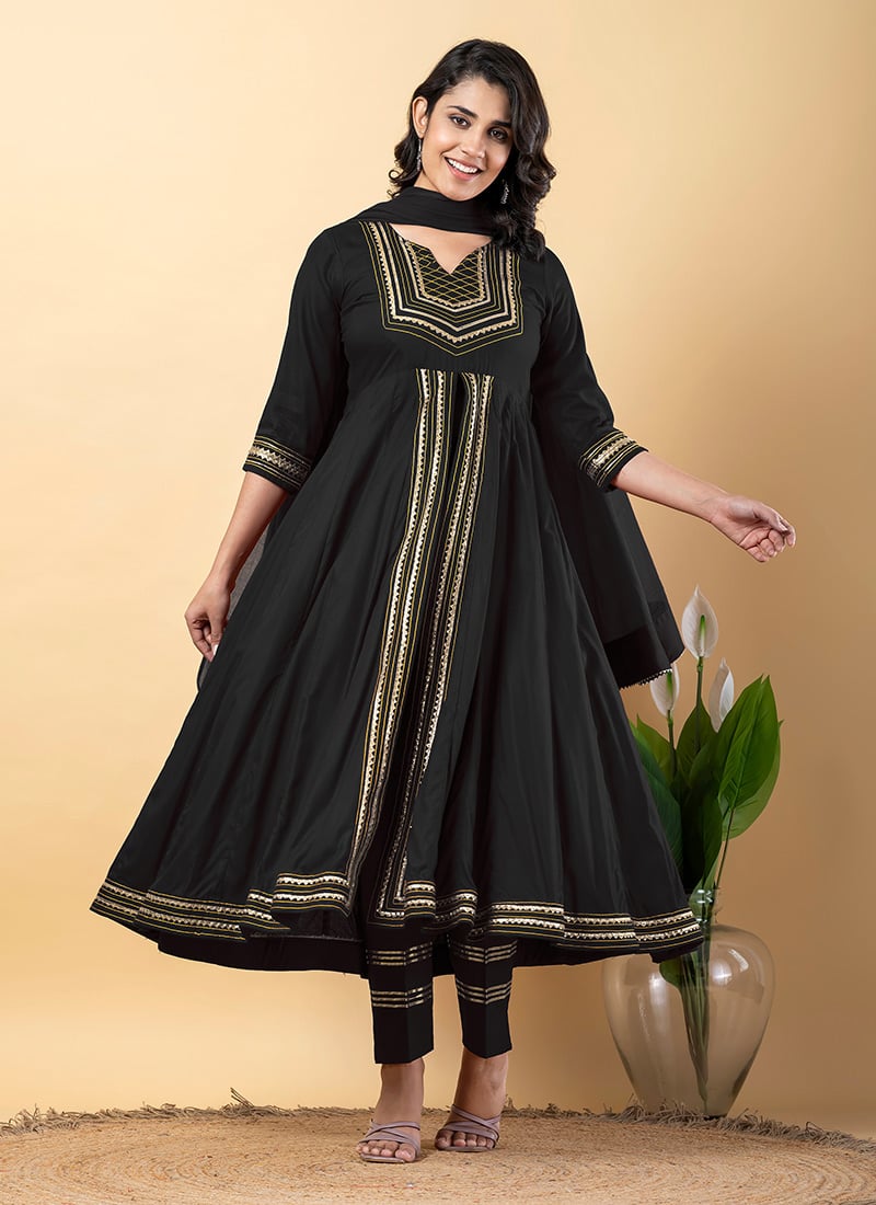 Black Rayon Gota Patti Thread Anarkali Suit After Six Wear