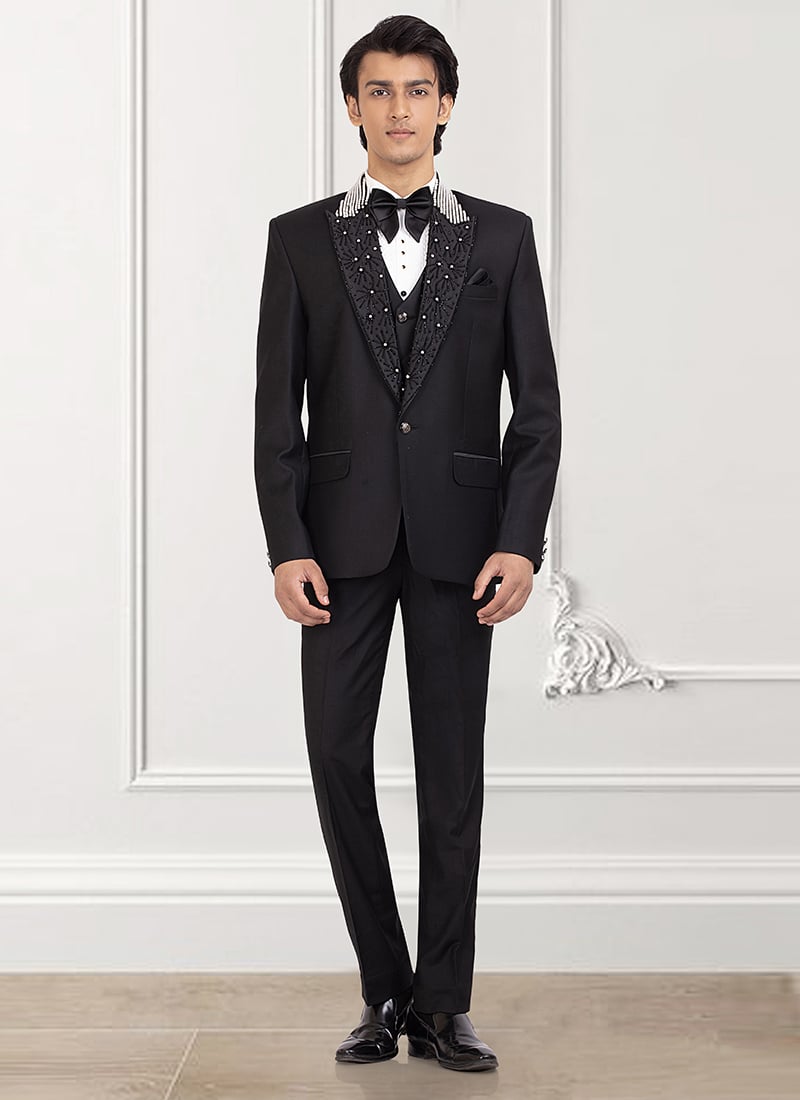 Black Rayon Hand Embroidered Suit Wedding Wear