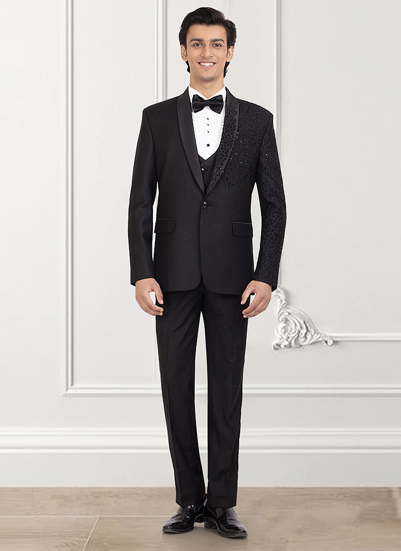 Black Rayon Hand Embroidered Suit Wedding Wear