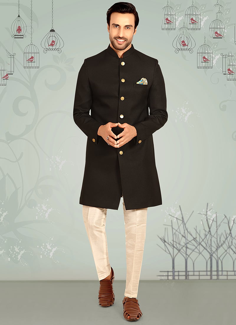 Black Rayon Indowestern Sherwani Wedding Wear