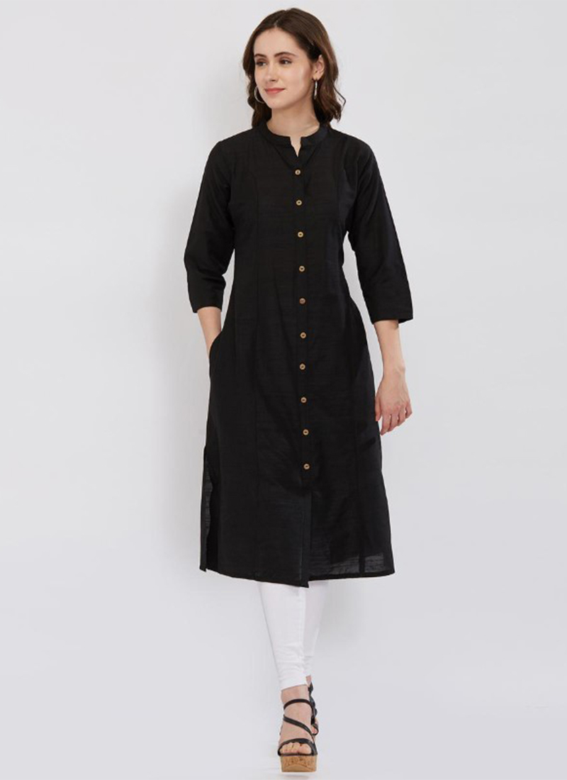 Black Rayon Knee Length Kurti Party Wear