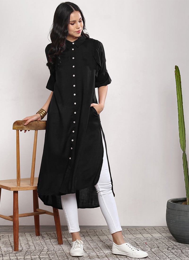 Black Rayon Kurta Straight Pant Set Work Wear