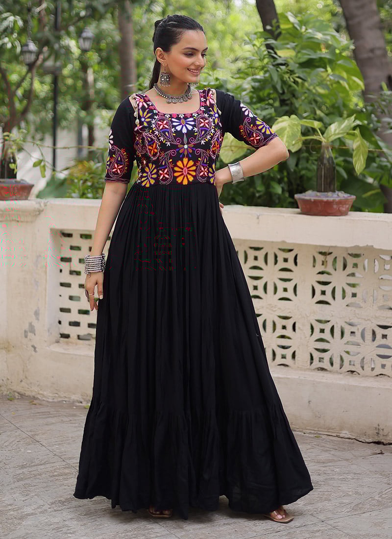 Black Rayon Kutch Work Anarkali Gown Festive Wear