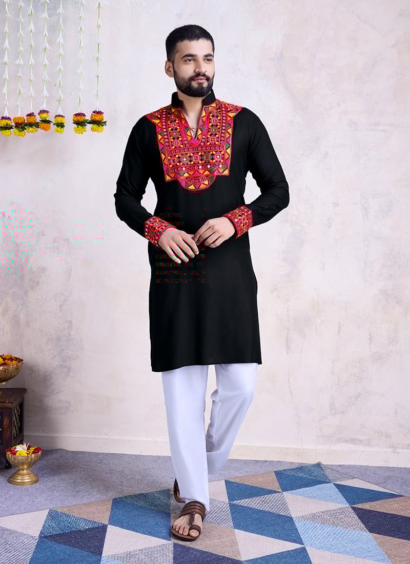 Black Rayon Kutch Work Kurta