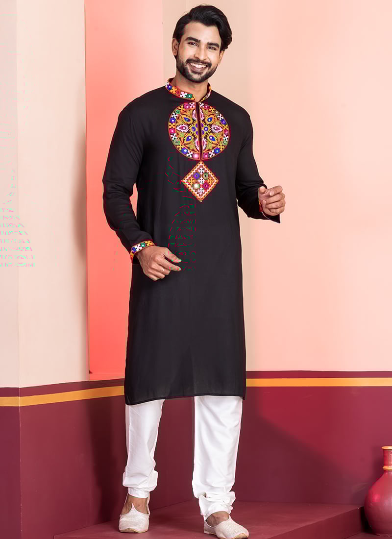Black Rayon Kutch Work Kurta Pyjama Festive Wear