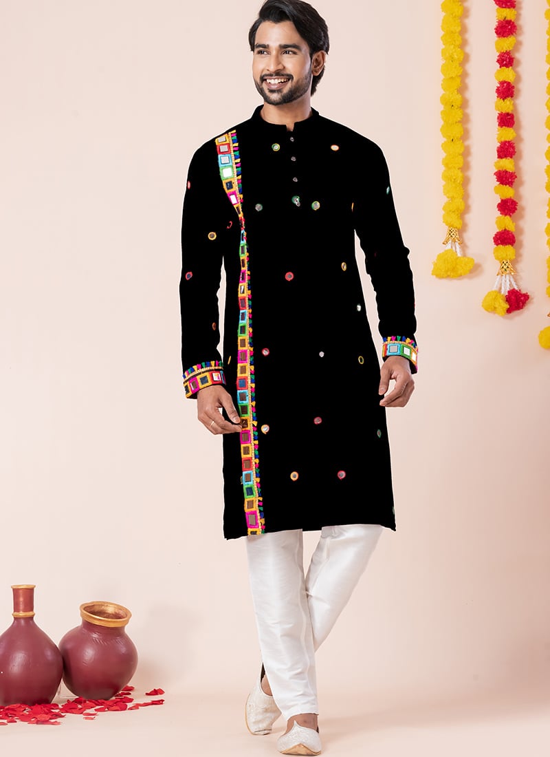 Black Rayon Kutch Work Kurta Pyjama Festive Wear