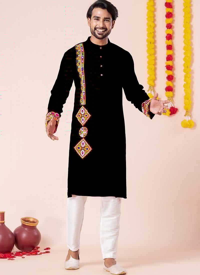 Black Rayon Kutch Work Kurta Pyjama Festive Wear
