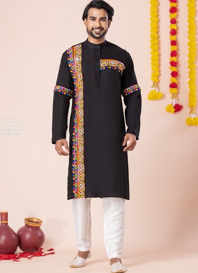 Black Rayon Kutch Work Kurta Pyjama Festive Wear