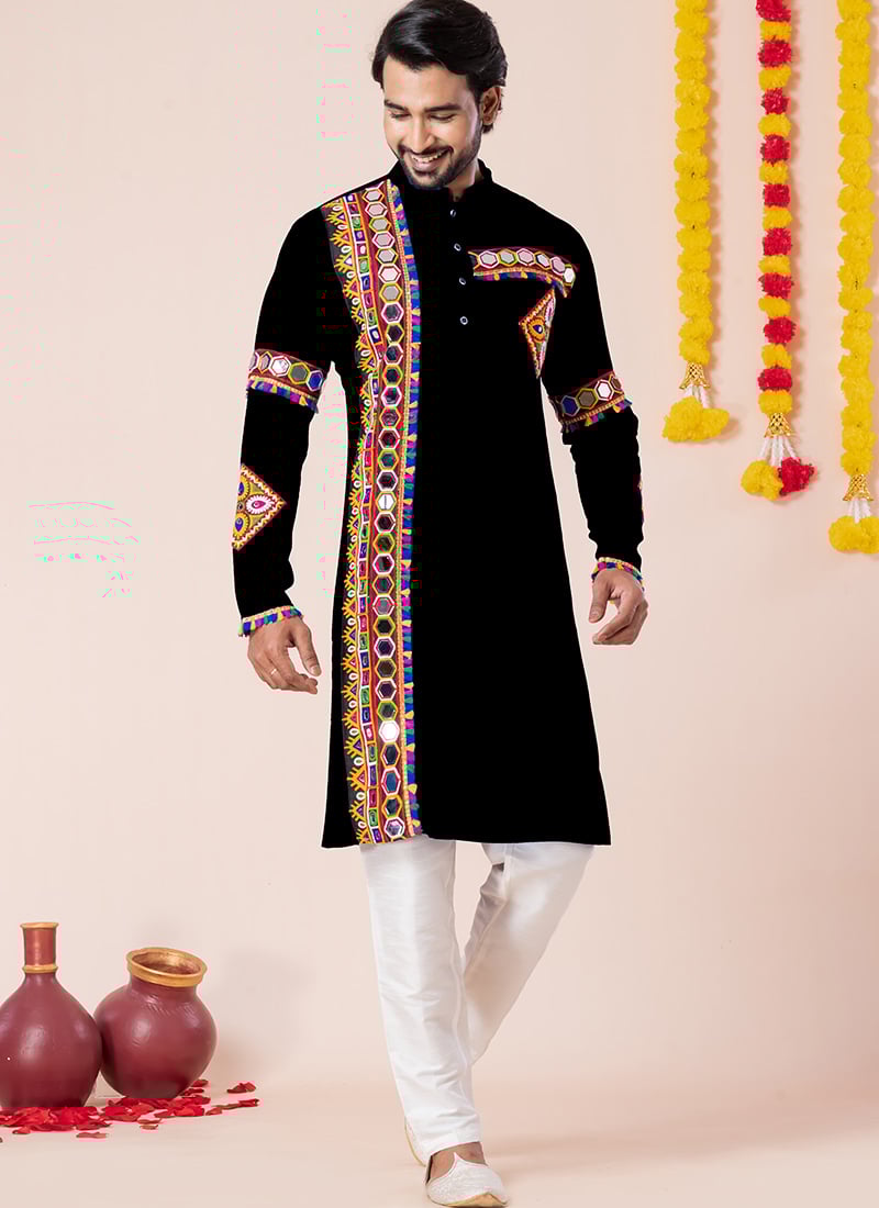 Black Rayon Kutch Work Kurta Pyjama Festive Wear