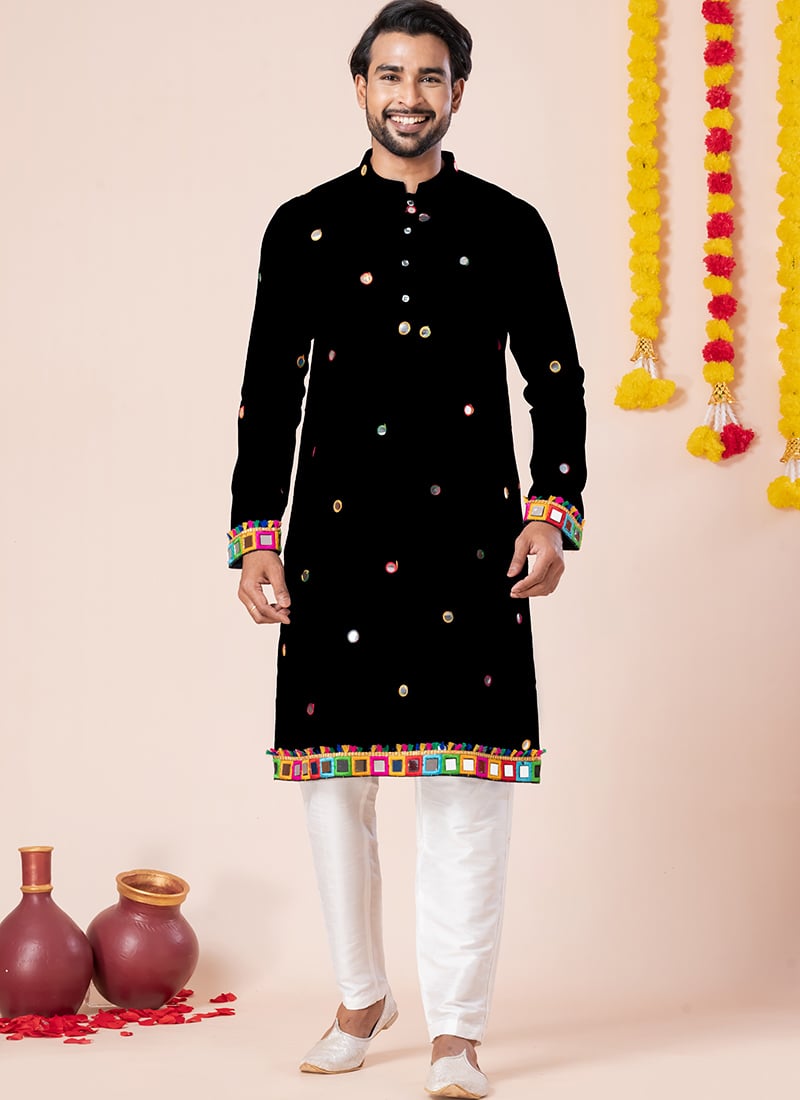 Black Rayon Kutch Work Kurta Pyjama Festive Wear