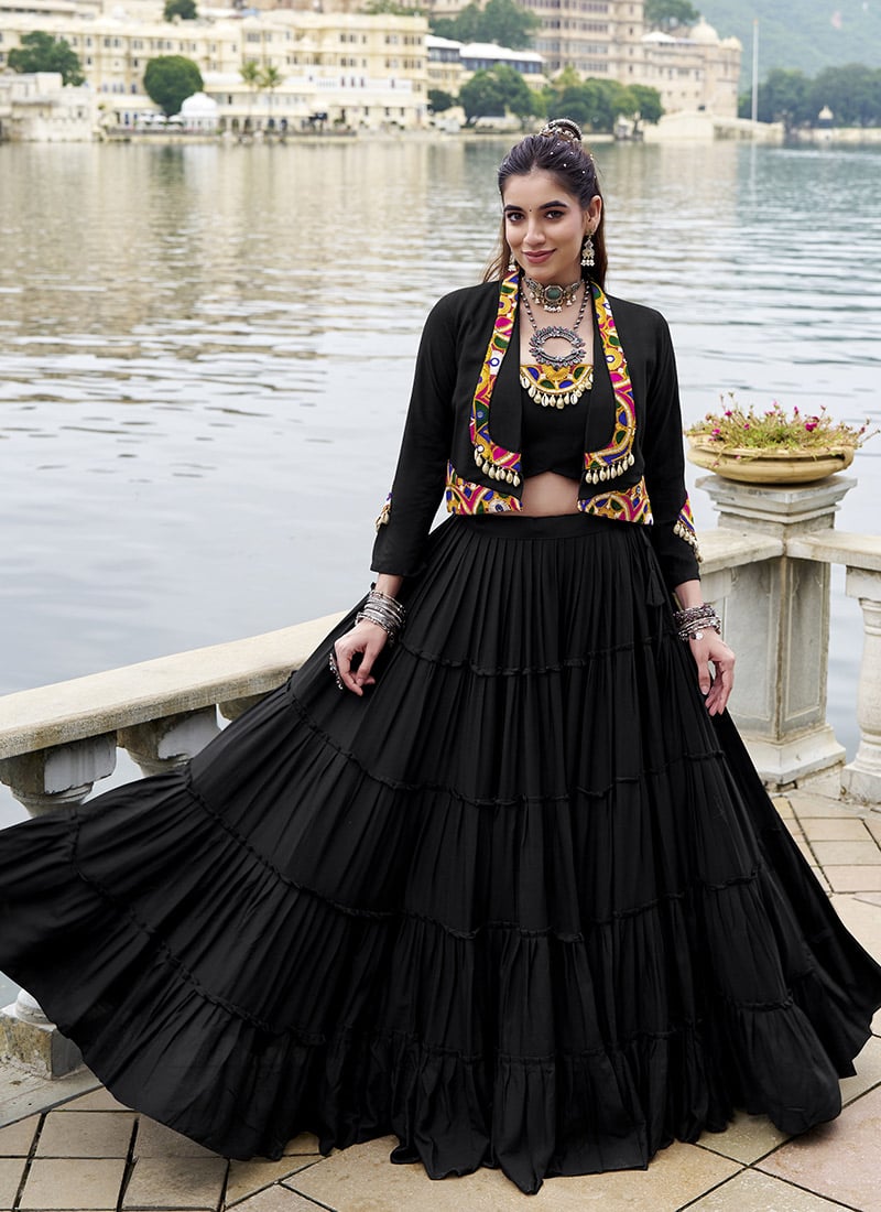 Black Rayon Mirror Kutch Work Indowestern Jacket Skirt Set Festive Wear