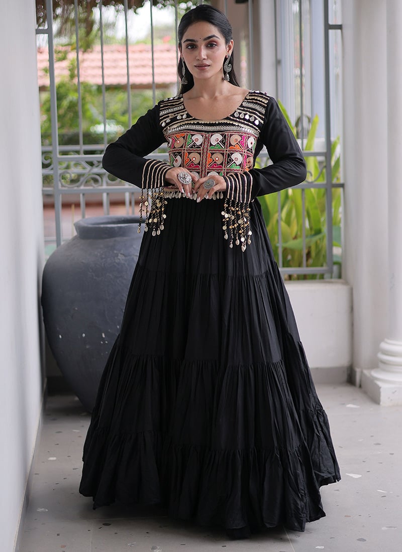 Black Rayon Mirror Work Kutchi Gamthi Garba Dress Festive Wear
