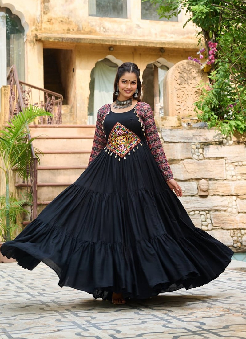Black Rayon Printed Anarkali Gown