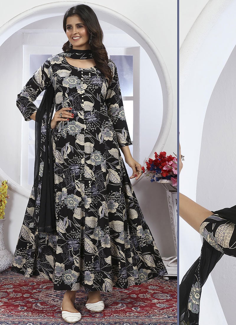 Black Rayon Printed Dressy Anarkali Gown With Nazmin Dupatta After Six Wear