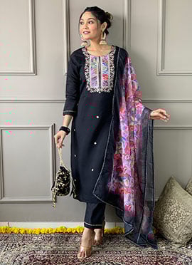 Black Rayon Printed Embroidered Straight Pant Suit