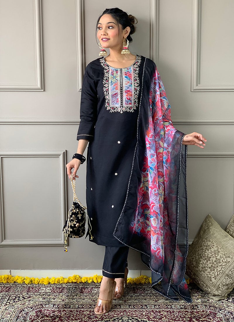 Black Rayon Printed Embroidered Straight Pant Suit After Six Wear