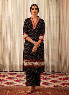 Black Rayon Printed Kurta Straight Pant Set