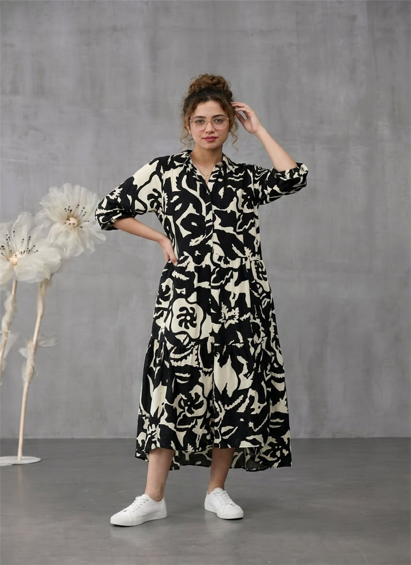 Black Rayon Printed Midi Dress After Six Wear