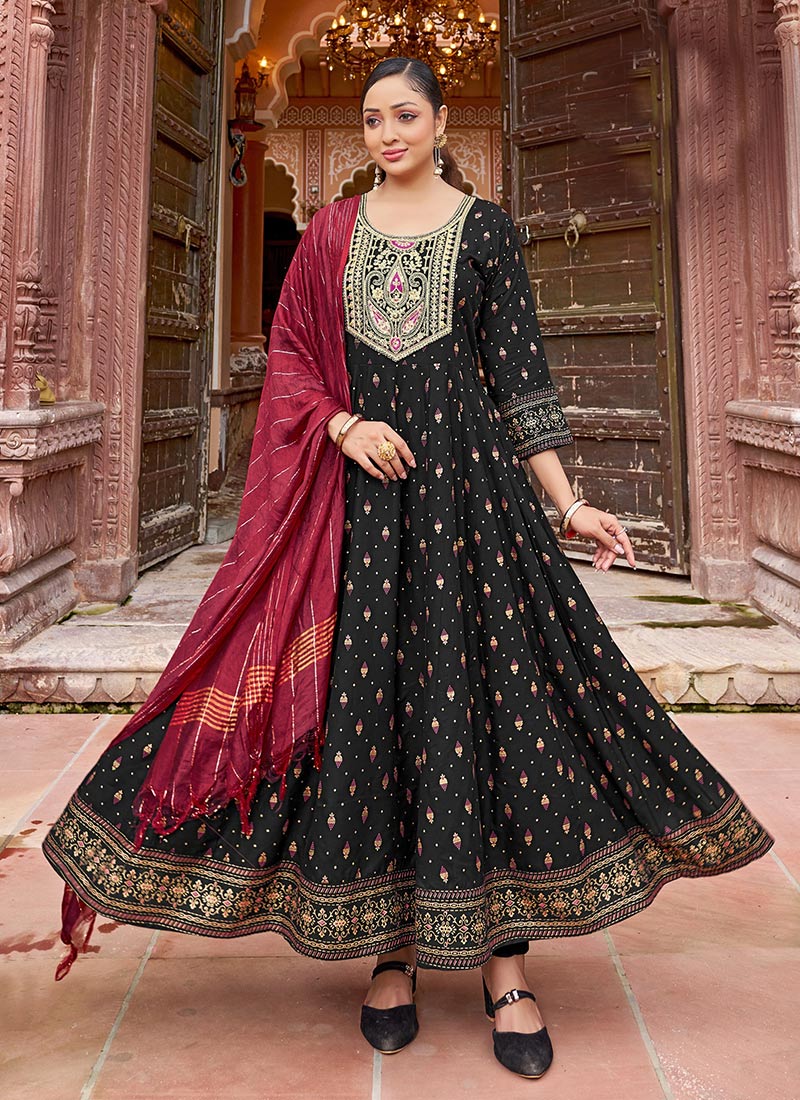 Black Rayon Sequins Embroidered And Foil Print Anarkali Suit After Six Wear