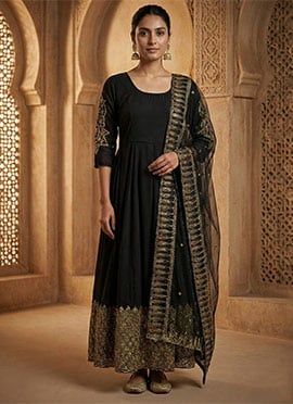 Black Rayon Sequins EmbroideredAnarkali Suit
