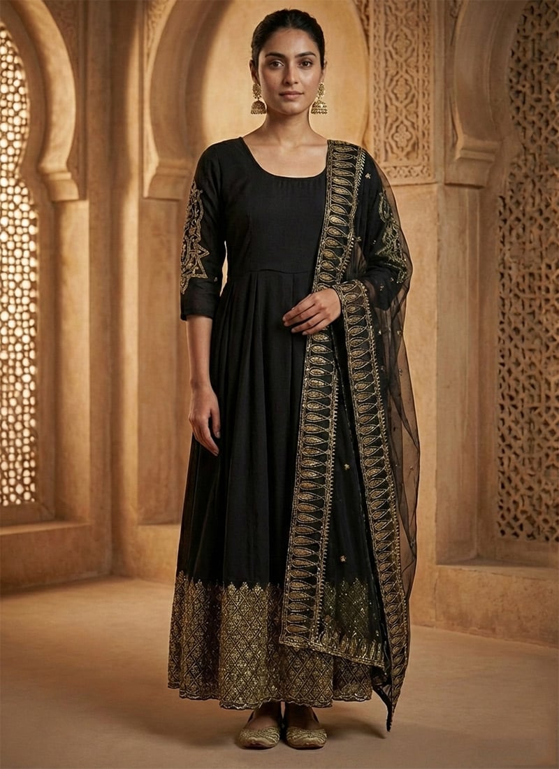 Black Rayon Sequins EmbroideredAnarkali Suit Festive Wear