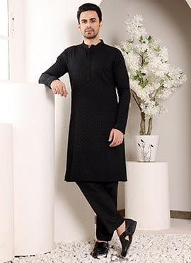 Black Rayon Silk Chikankari Embroidered Kurta For Men