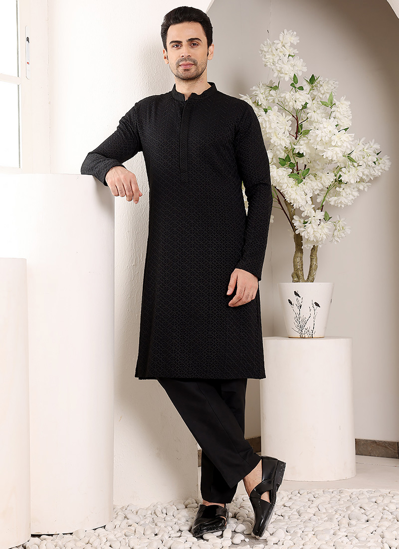 Black Rayon Silk Chikankari Embroidered Kurta For Men