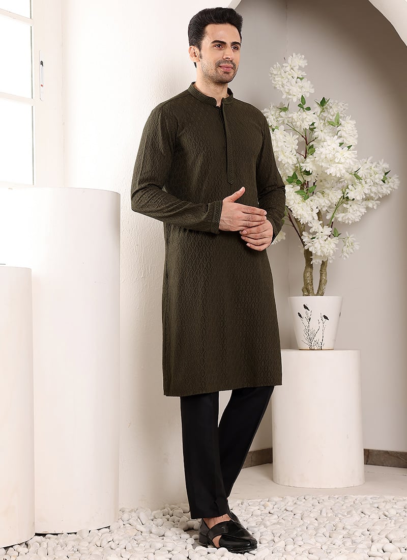 Black Rayon Silk Chikankari Embroidered Kurta For Men