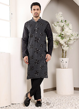 Black Rayon Silk Embroidered Sequin Kurta For Men