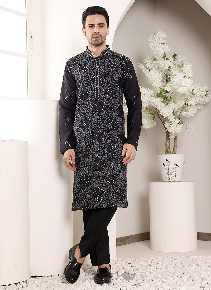 Black Rayon Silk Embroidered Sequin Kurta For Men
