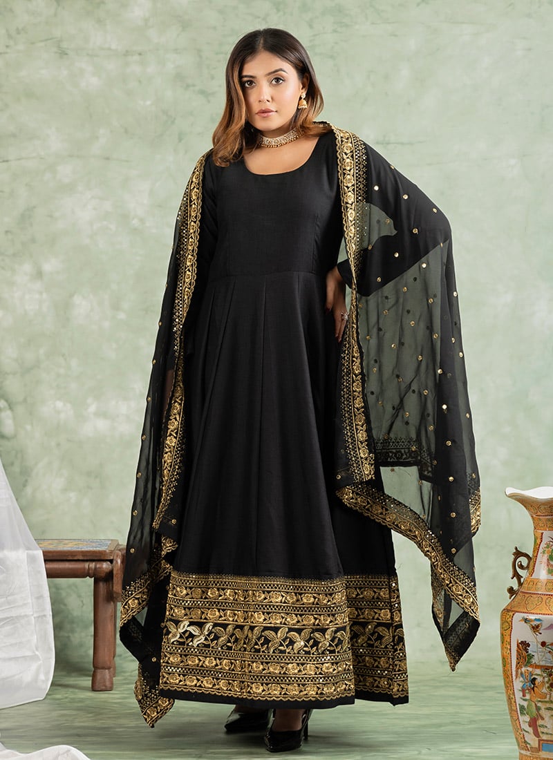 Black Rayon Zari Embroidered Sequins Anarkali Suit