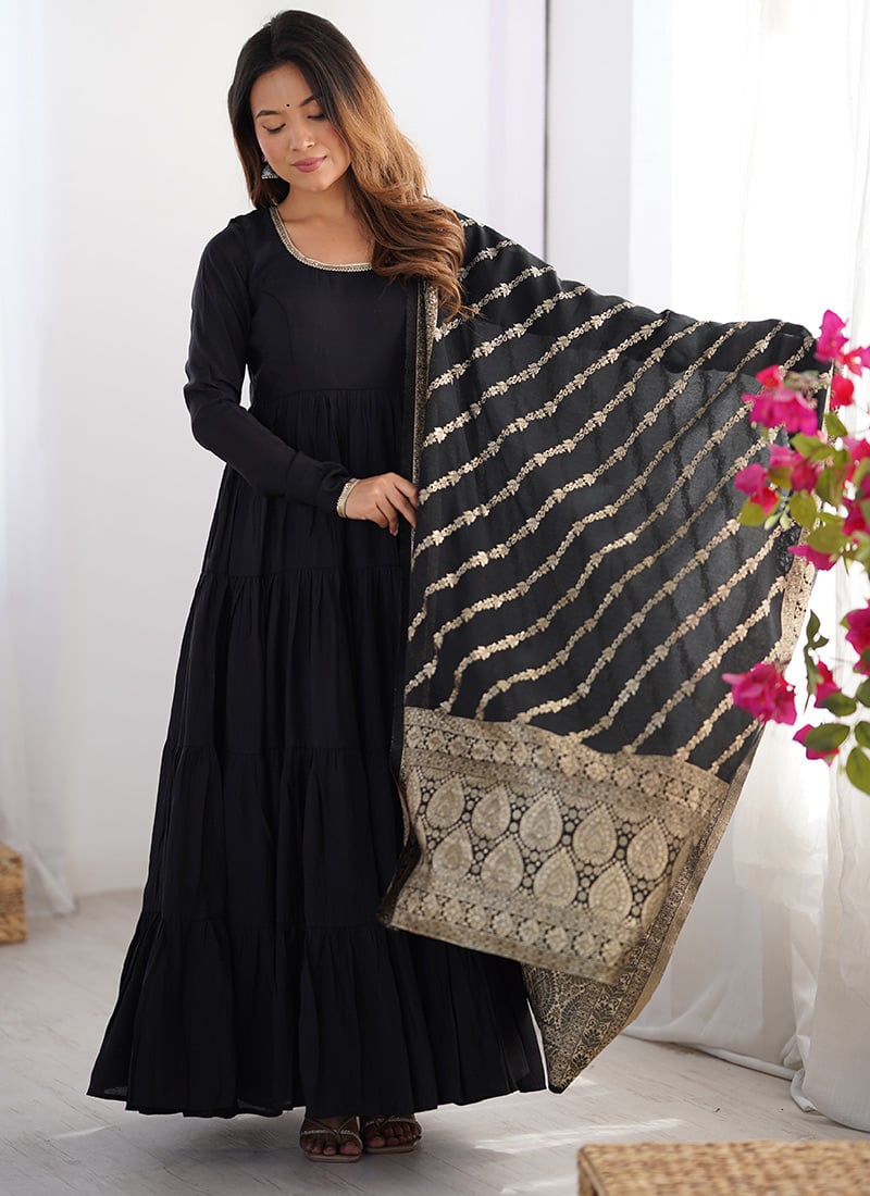 Black Roman Silk Anarkali Suit With Banarasi Dupatta Festive Wear