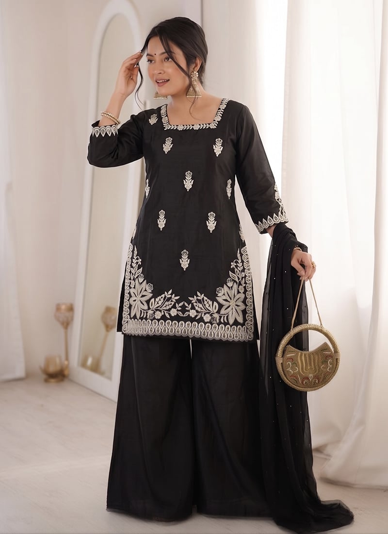 Black Roman Silk Embroidered With Moti Work Palazzo Suit After Six Wear