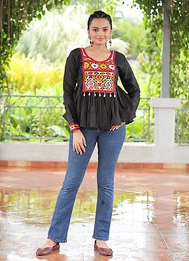 Black Roman Silk Kutch Gamthi Work Tunics Festive Wear